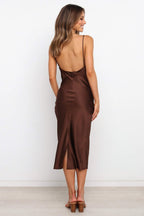 Satin Spaghetti Straps Cowl Neck Back Slit Midi Dress XD21