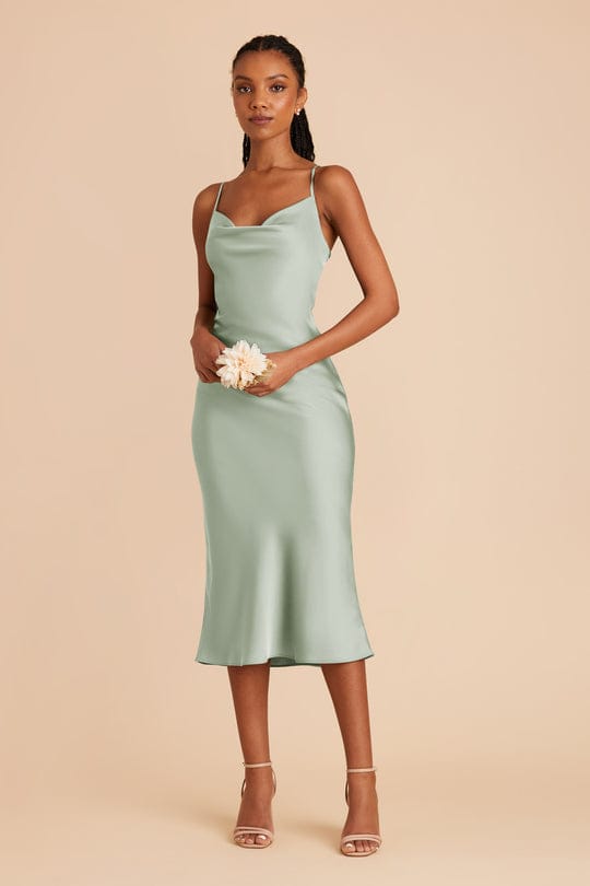 Satin Spaghetti Straps Cowl Neck Back Slit Midi Dress XD21