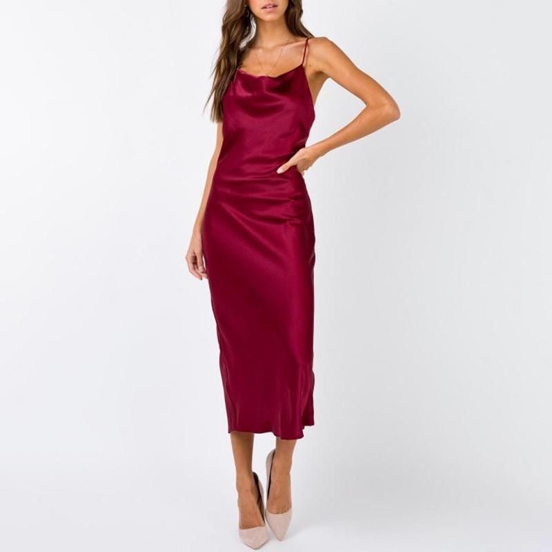 Satin Spaghetti Straps Cowl Neck Back Slit Midi Dress XD21