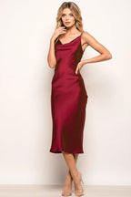 Satin Spaghetti Straps Cowl Neck Back Slit Midi Dress XD21