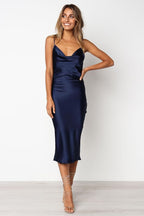 Satin Spaghetti Straps Cowl Neck Back Slit Midi Dress XD21