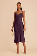 Satin Spaghetti Straps Cowl Neck Back Slit Midi Dress XD21