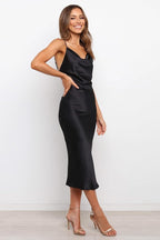 Satin Spaghetti Straps Cowl Neck Back Slit Midi Dress XD21