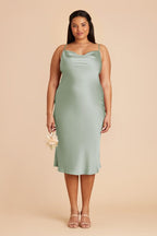 Satin Spaghetti Straps Cowl Neck Back Slit Midi Dress XD21