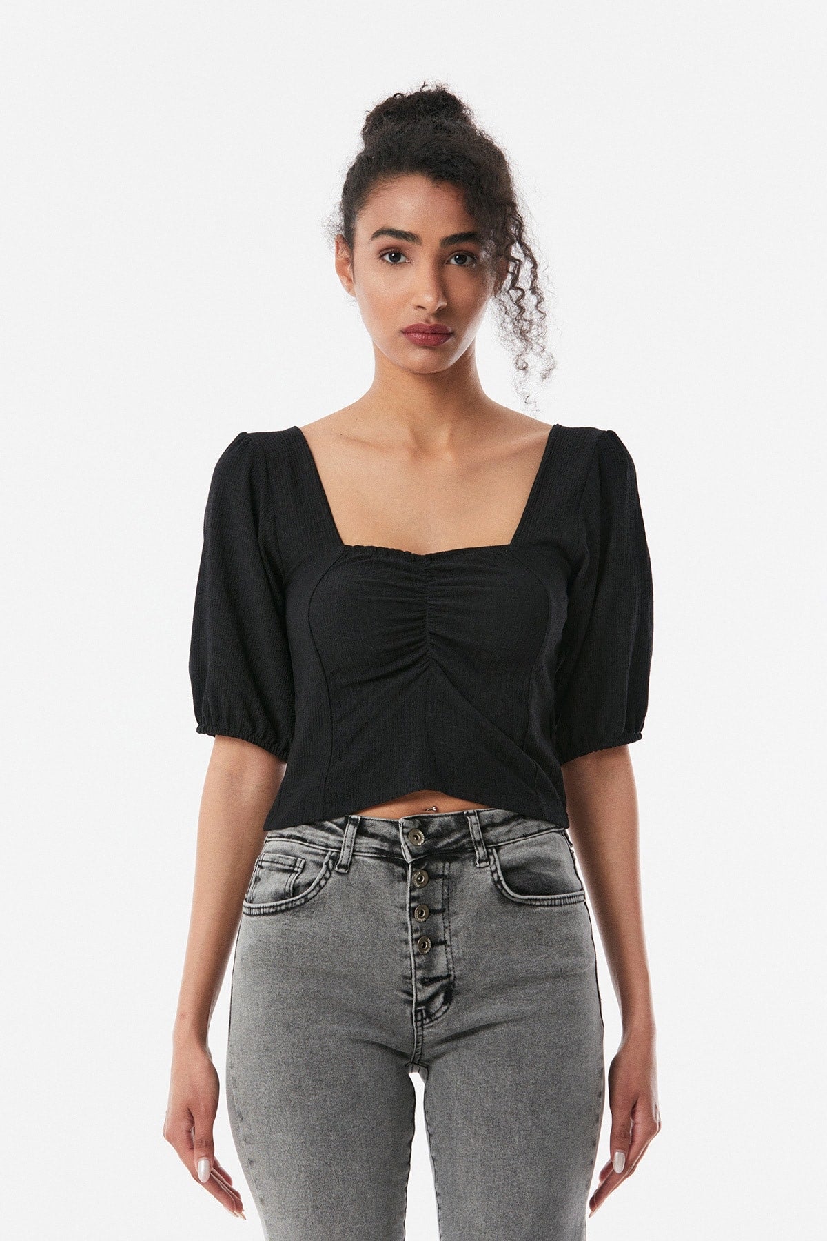 Scoop Neck Ruched Bust Gather Sleeve Blouse XD21