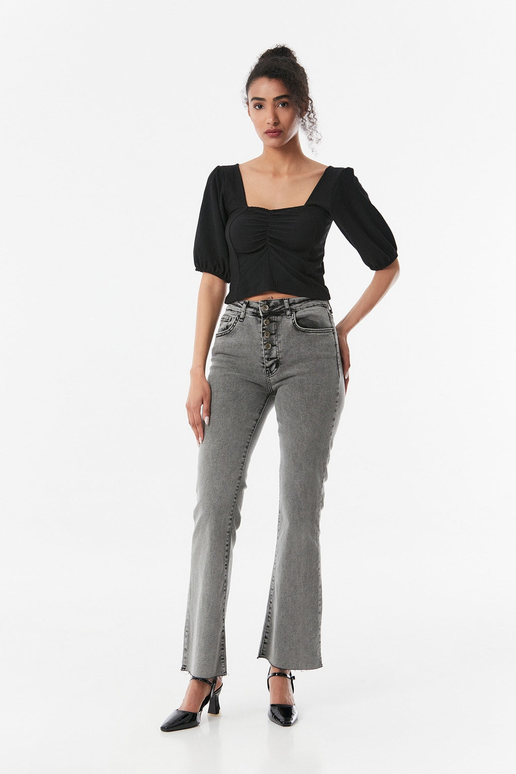Scoop Neck Ruched Bust Gather Sleeve Blouse XD21