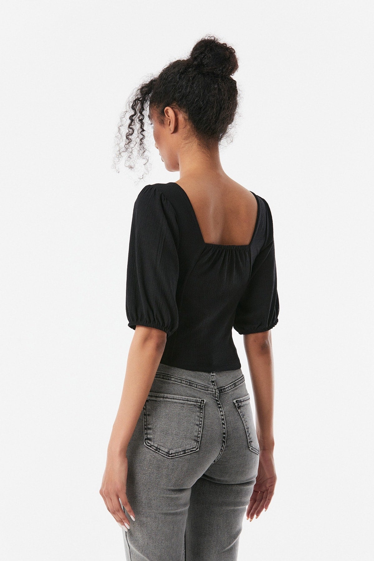 Scoop Neck Ruched Bust Gather Sleeve Blouse XD21