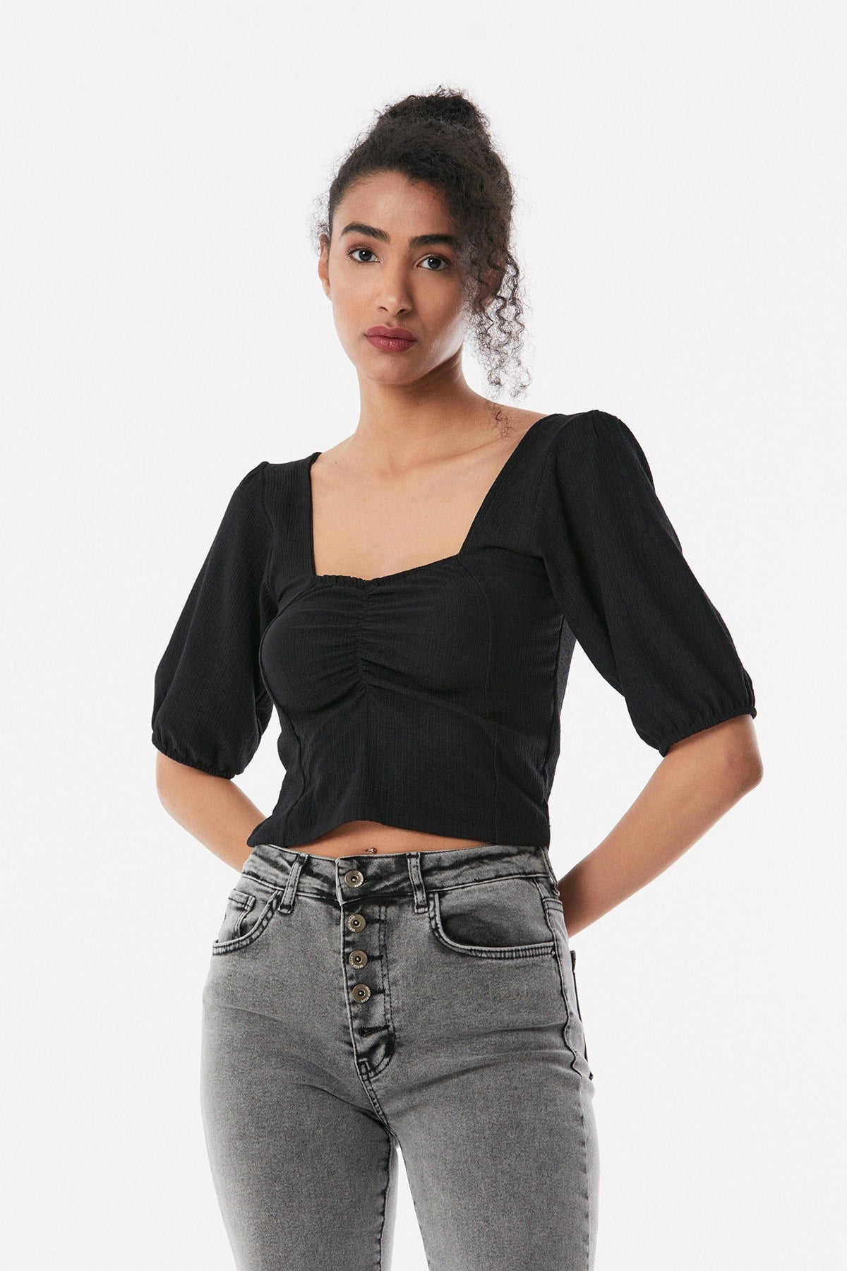 Scoop Neck Ruched Bust Gather Sleeve Blouse XD21