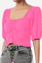 Scoop Neck Ruched Bust Gather Sleeve Blouse XD21