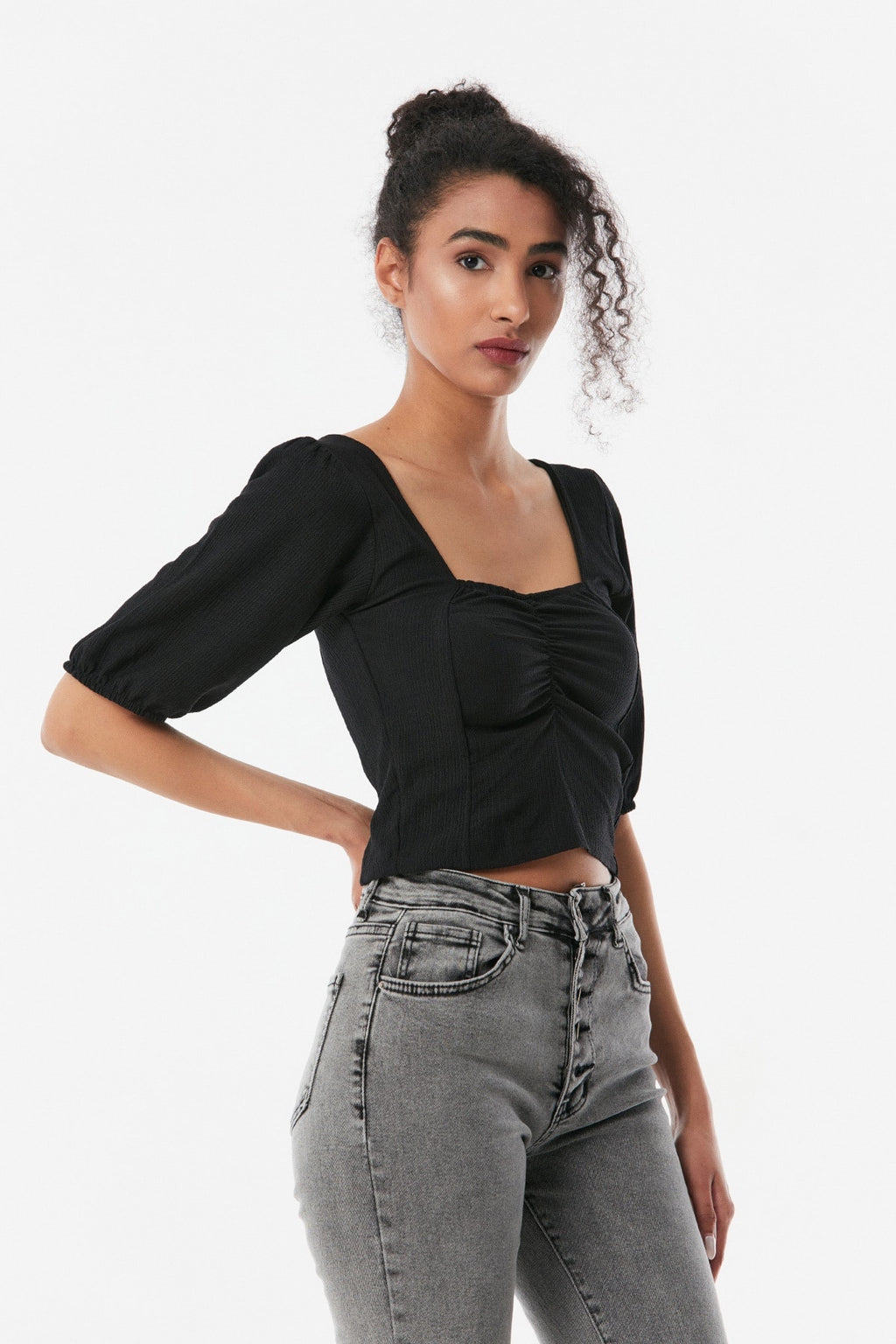 Scoop Neck Ruched Bust Gather Sleeve Blouse XD21