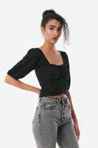 Scoop Neck Ruched Bust Gather Sleeve Blouse XD21