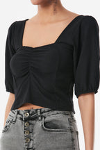 Scoop Neck Ruched Bust Gather Sleeve Blouse XD21