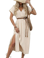 Beige V-Neck Midi Dress - Casual Summer Style