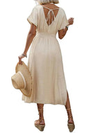 Beige V-Neck Midi Dress - Casual Summer Style