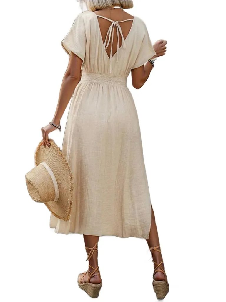 Beige V-Neck Midi Dress - Casual Summer Style