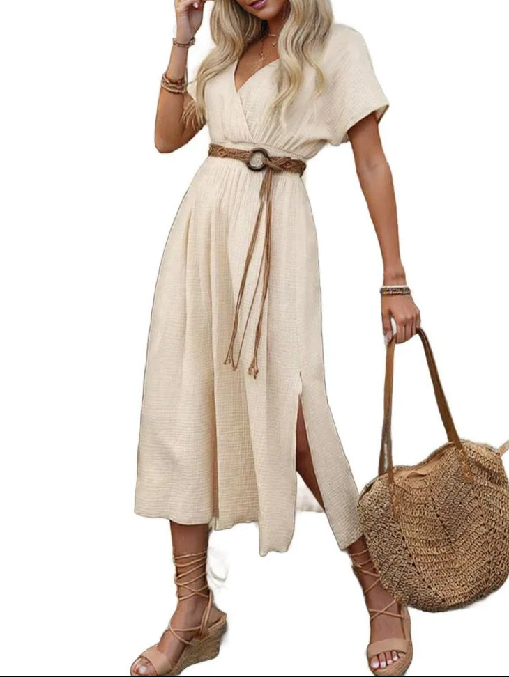 Beige V-Neck Midi Dress - Casual Summer Style
