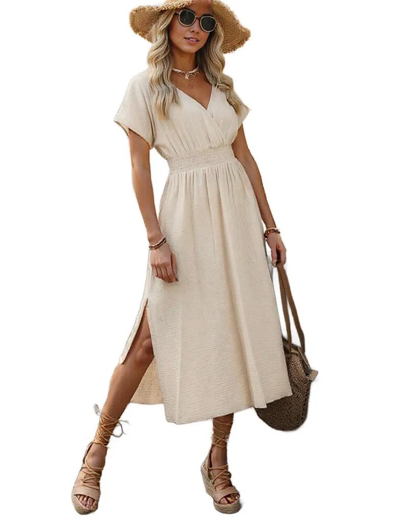 Beige V-Neck Midi Dress - Casual Summer Style