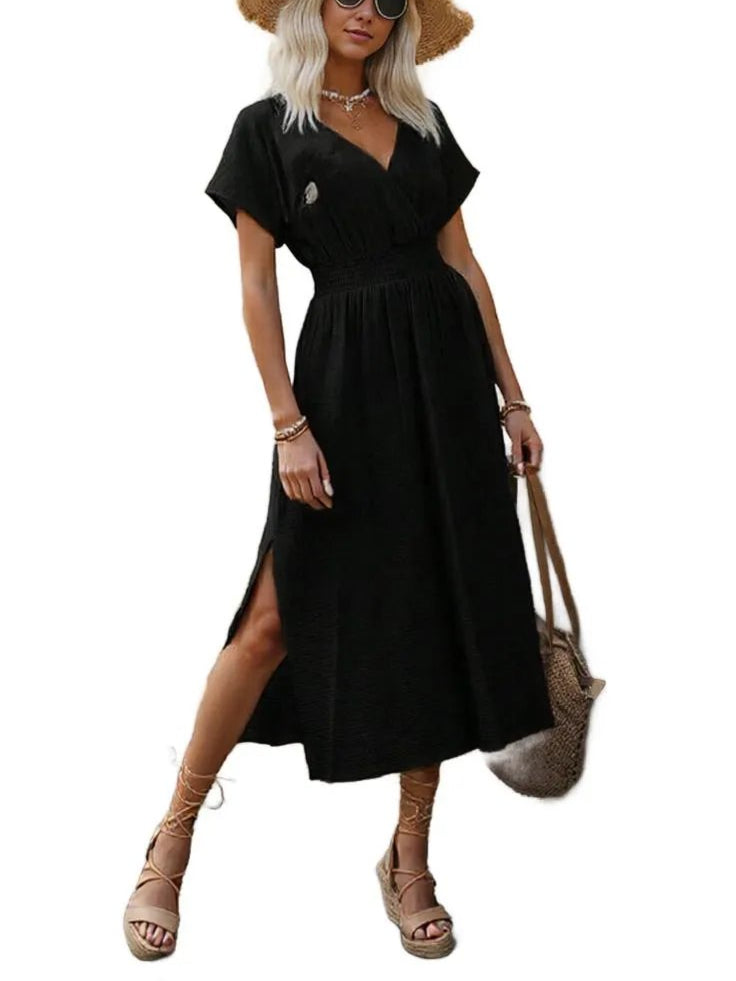 Beige V-Neck Midi Dress - Casual Summer Style