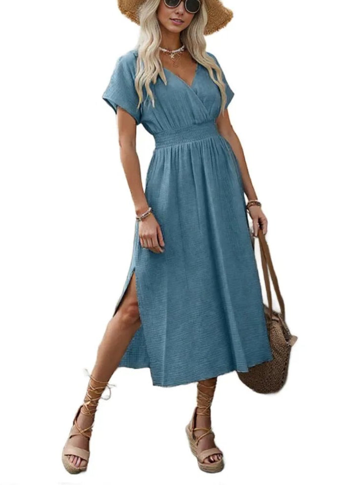 Beige V-Neck Midi Dress - Casual Summer Style