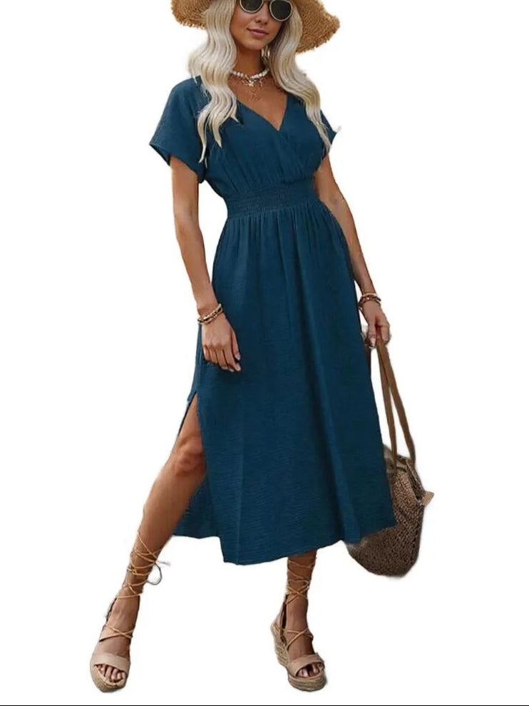 Beige V-Neck Midi Dress - Casual Summer Style
