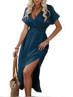 Beige V-Neck Midi Dress - Casual Summer Style