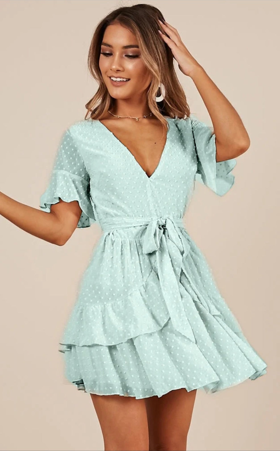 Swiss Dot Belted Layered Hem Chiffon Dress