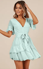 Swiss Dot Belted Layered Hem Chiffon Dress
