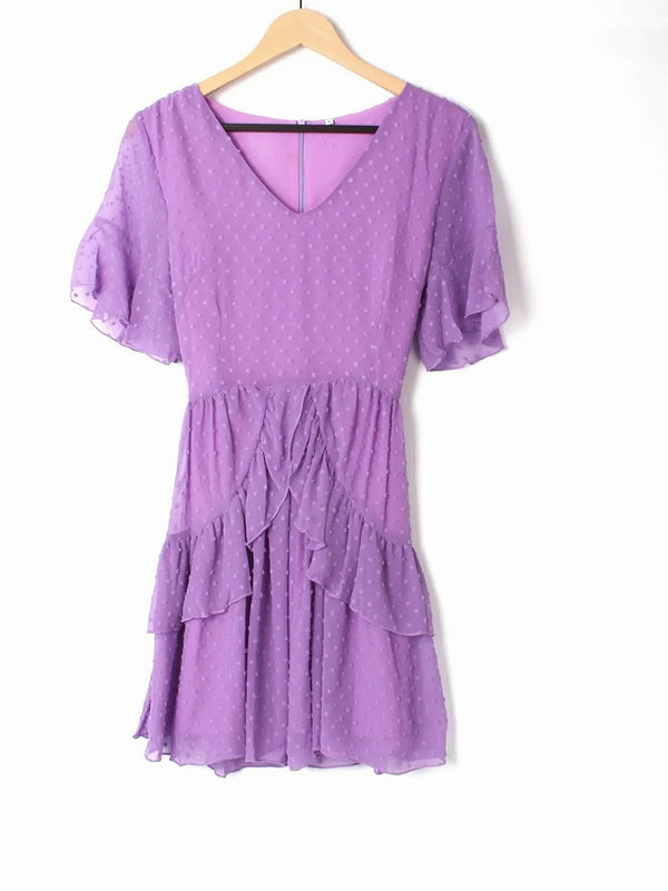 Swiss Dot Belted Layered Hem Chiffon Dress