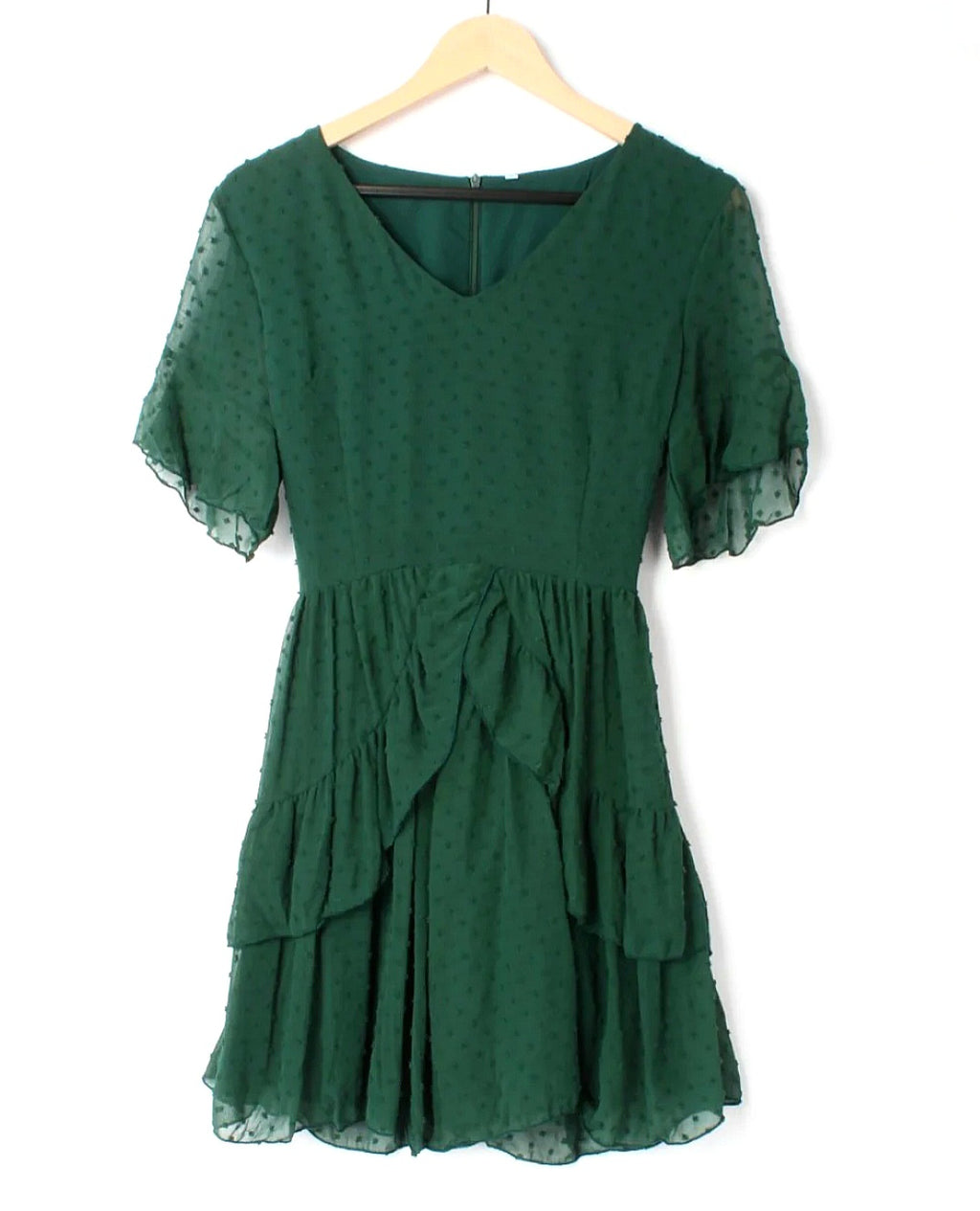 Swiss Dot Belted Layered Hem Chiffon Dress