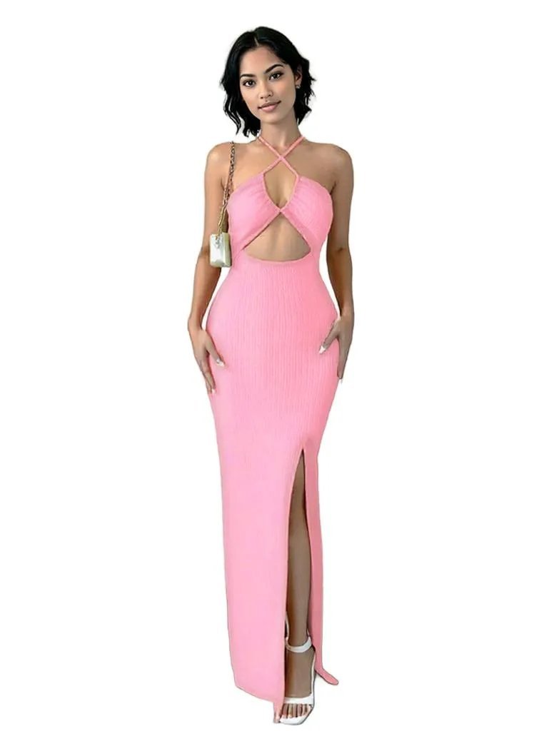 Cut-Out Maxi Dress - Elegant Halter Slit Dress