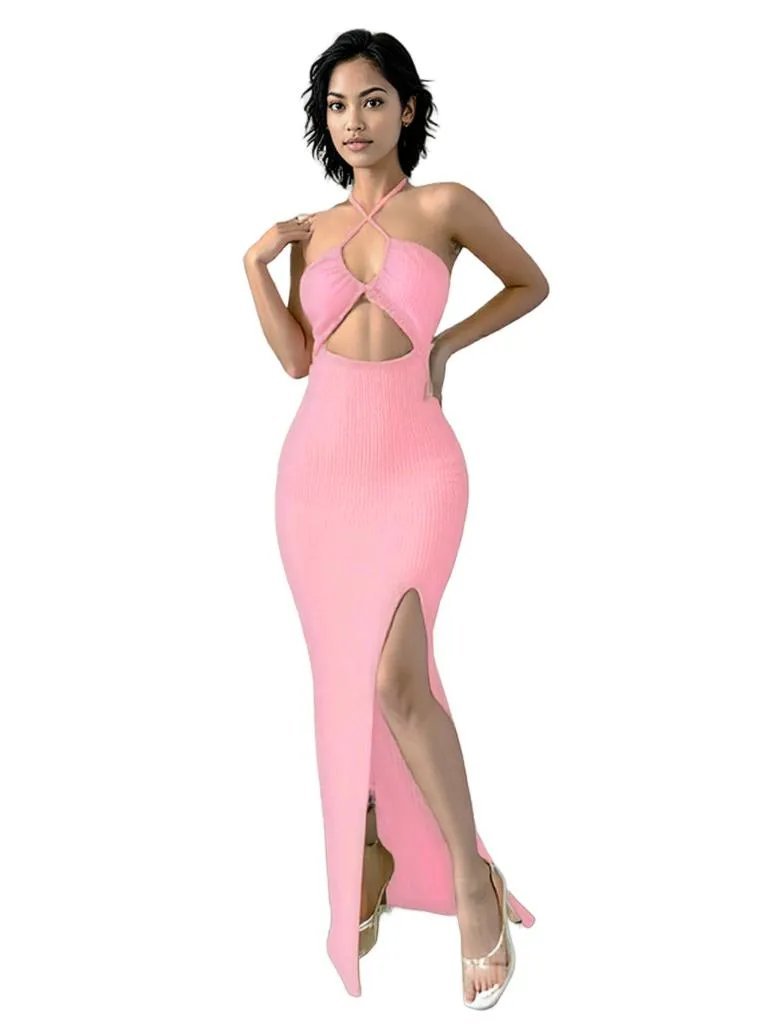 Cut-Out Maxi Dress - Elegant Halter Slit Dress