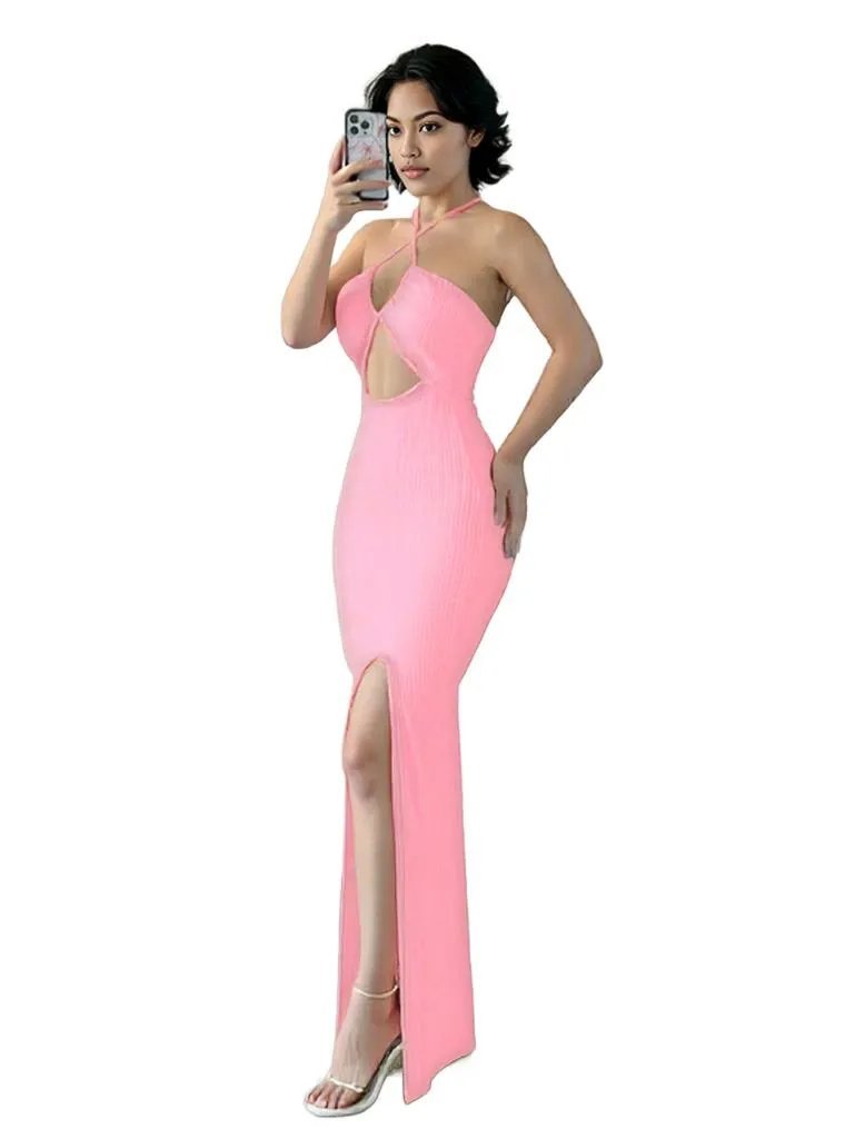Cut-Out Maxi Dress - Elegant Halter Slit Dress