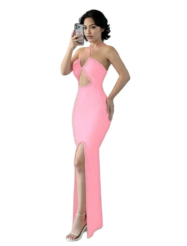 Cut-Out Maxi Dress - Elegant Halter Slit Dress