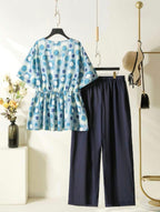 Modern Floral Peplum Blouse & Comfy Wide-Leg Pants