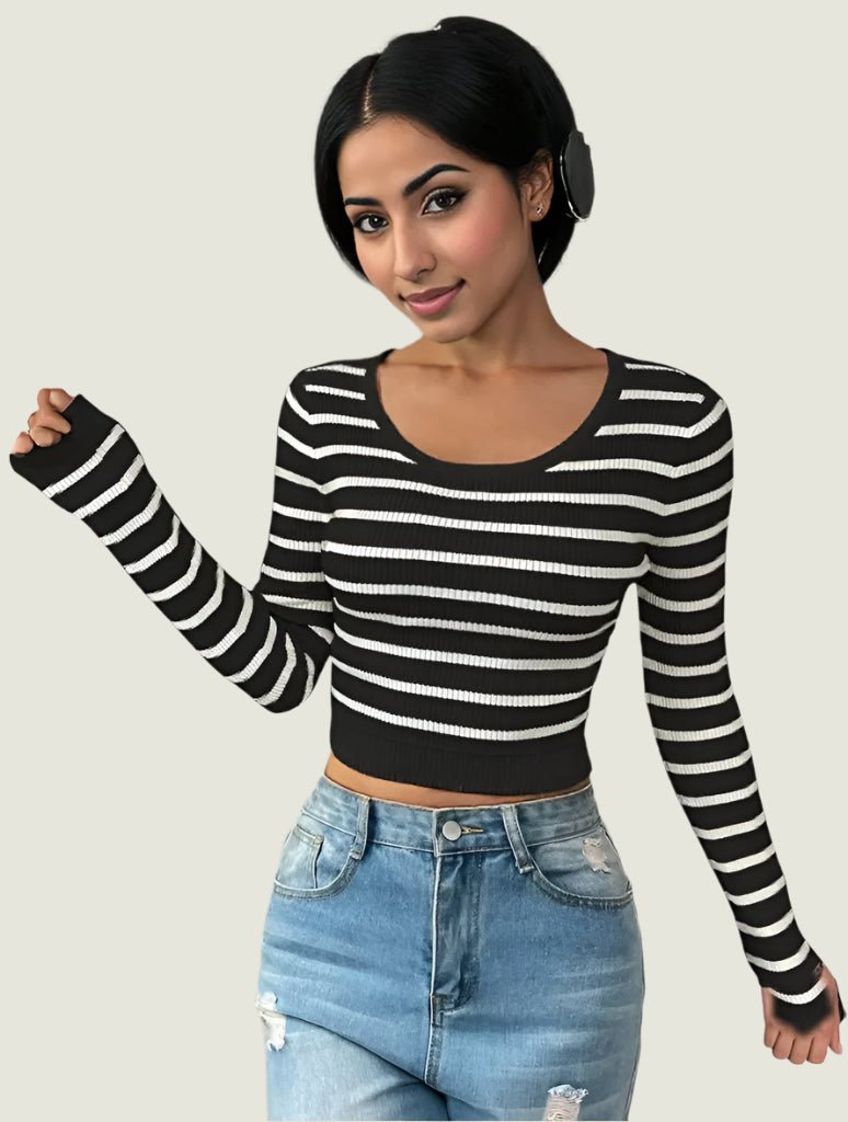 Striped Ribbed Knit Top – Long Sleeve Stretch Pullover