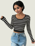 Striped Ribbed Knit Top – Long Sleeve Stretch Pullover