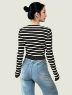 Striped Ribbed Knit Top – Long Sleeve Stretch Pullover