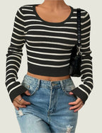 Striped Ribbed Knit Top – Long Sleeve Stretch Pullover