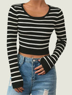 Striped Ribbed Knit Top – Long Sleeve Stretch Pullover