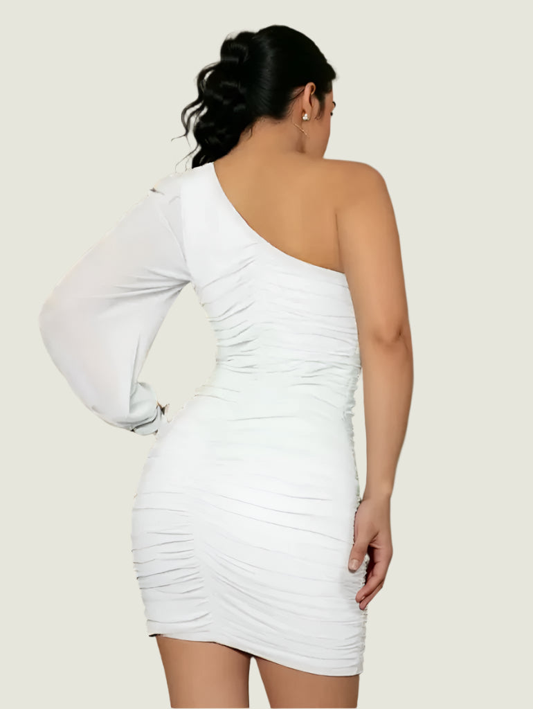 One Shoulder Ruched Mesh Bodycon Dress