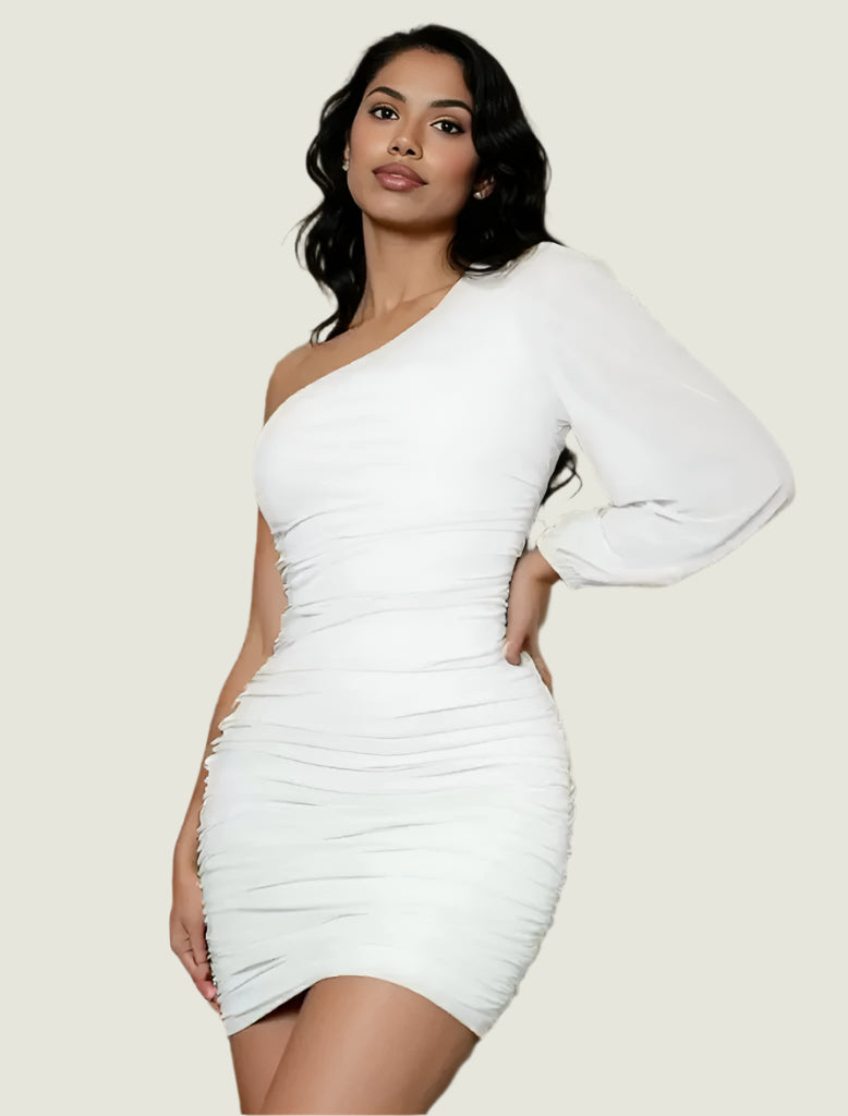 One Shoulder Ruched Mesh Bodycon Dress