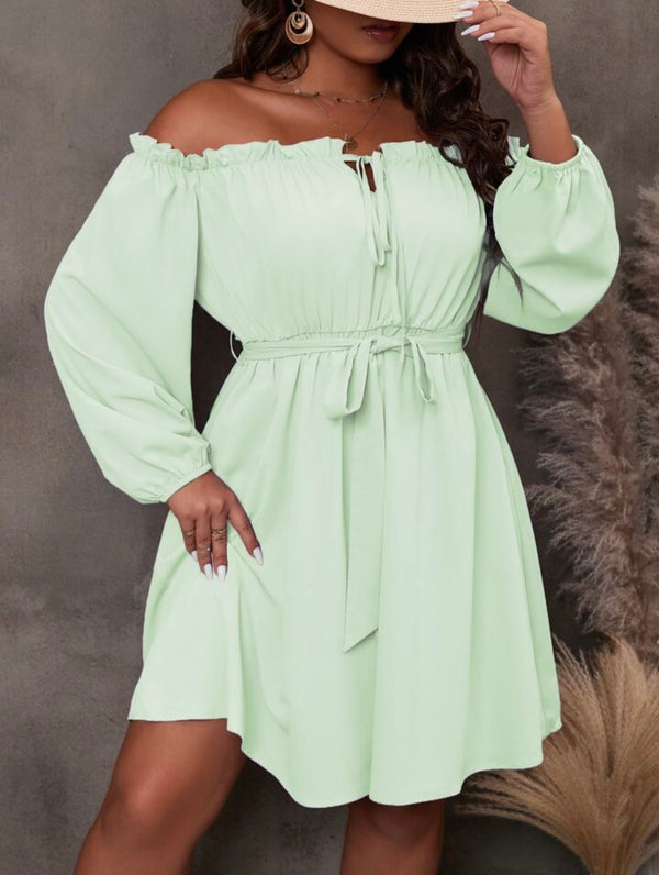 Frill off shoulder mini dress with belt
