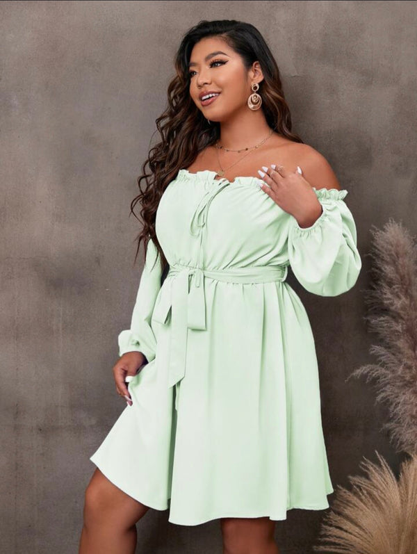 Frill off shoulder mini dress with belt
