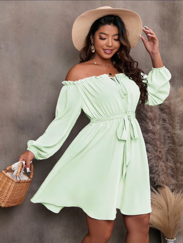 Frill off shoulder mini dress with belt