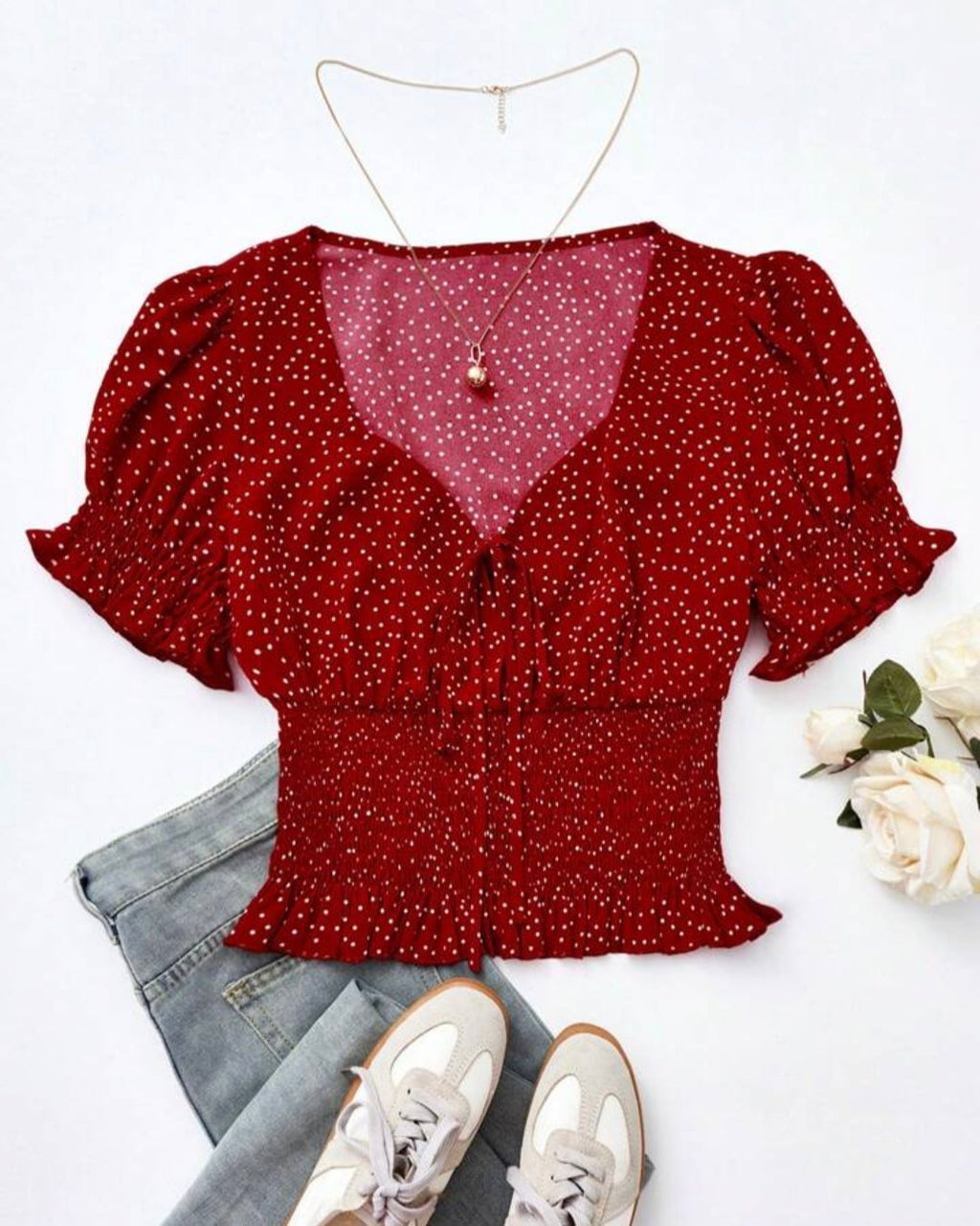 Polka Dot Smocked Puff Sleeve Top – Casual Chic Blouse