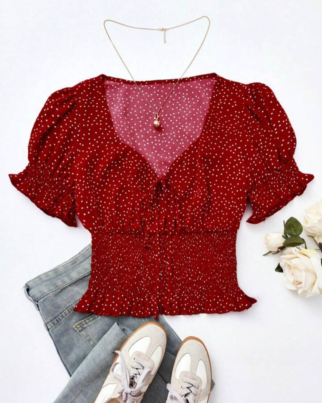 Polka Dot Smocked Puff Sleeve Top – Casual Chic Blouse