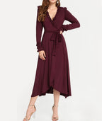 Ruffle Wrap Midi Dress – Elegant Long Sleeve Tie Waist