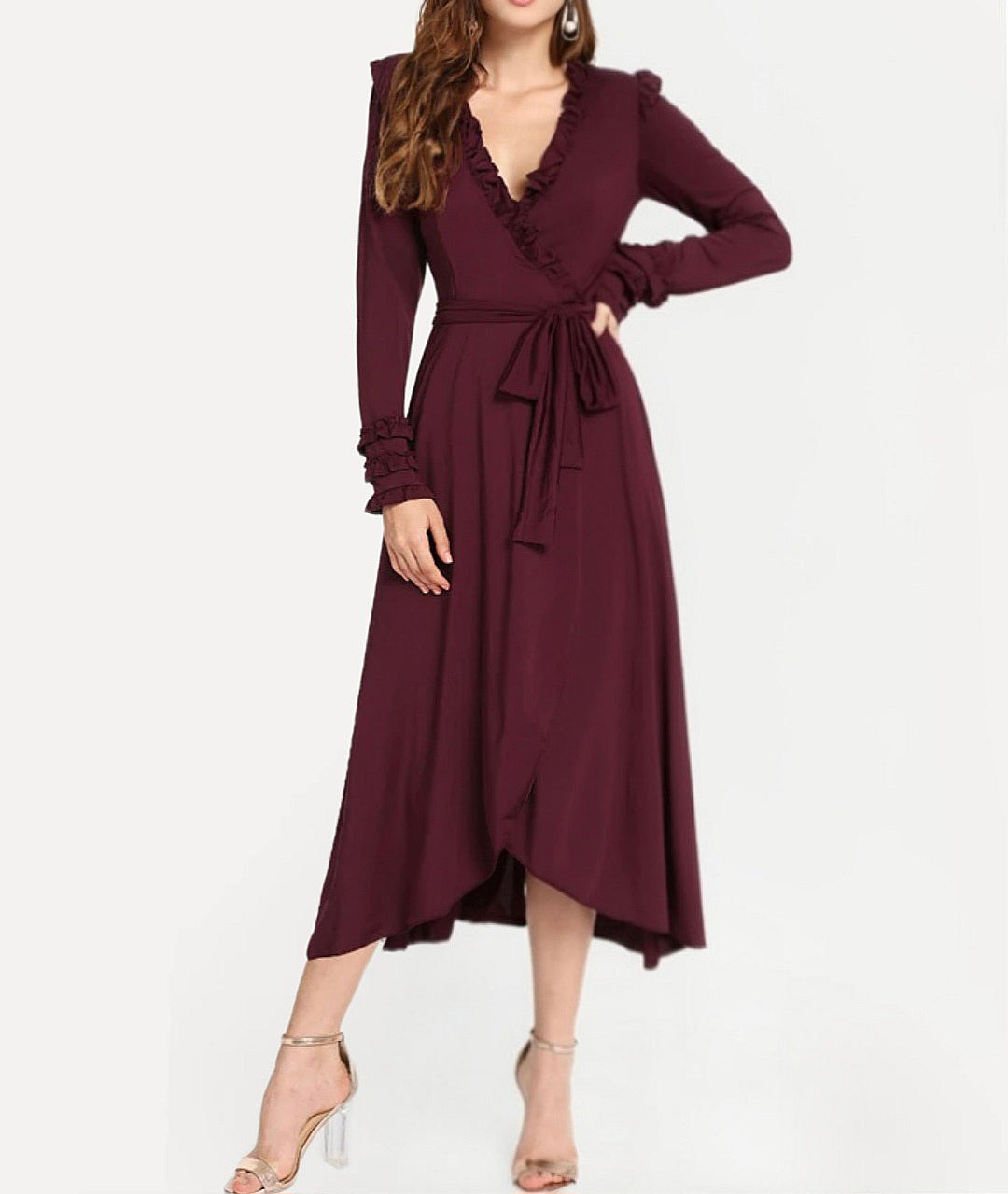 Ruffle Wrap Midi Dress – Elegant Long Sleeve Tie Waist
