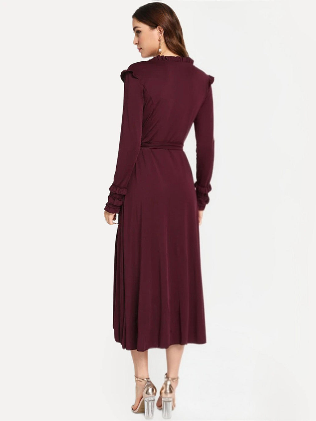 Ruffle Wrap Midi Dress – Elegant Long Sleeve Tie Waist