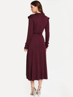 Ruffle Wrap Midi Dress – Elegant Long Sleeve Tie Waist